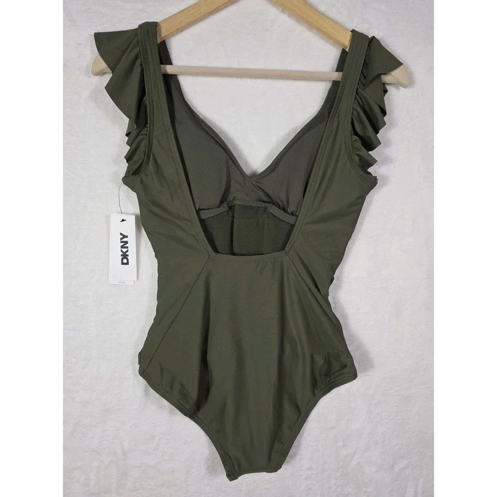 DKNY One Piece Swimsuit Women's Size S Olive Green Ruffle Tummy Control NWT $79 - Picture 3 of 10